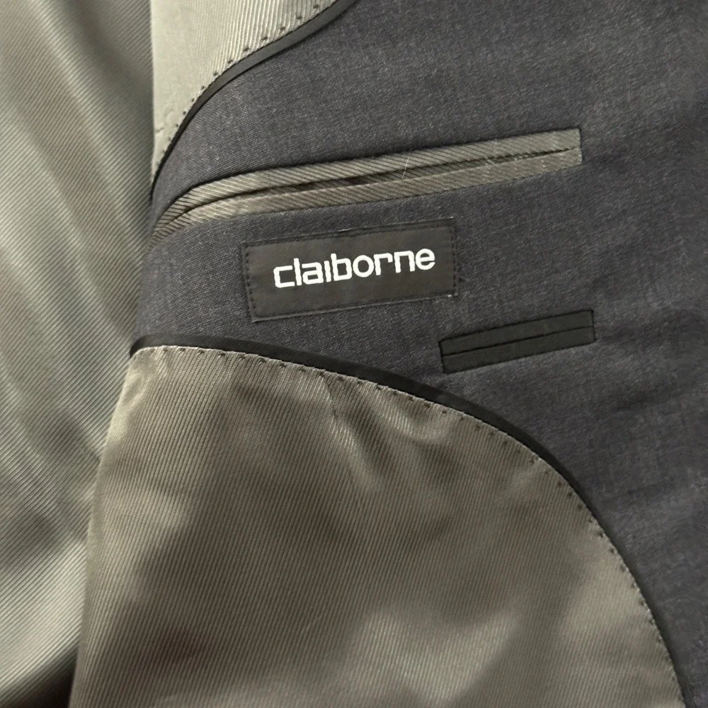 Claiborne Mens 50 Long Wool Blazer Charcoal Gray Two Button Sport Coat 50L